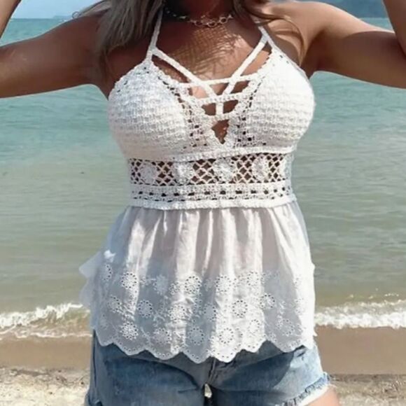 Sexy Crochet Cutout Lace Panel Drop Neck Eyelet Halter Top Boho Hollow Out NEW - Picture 1 of 5